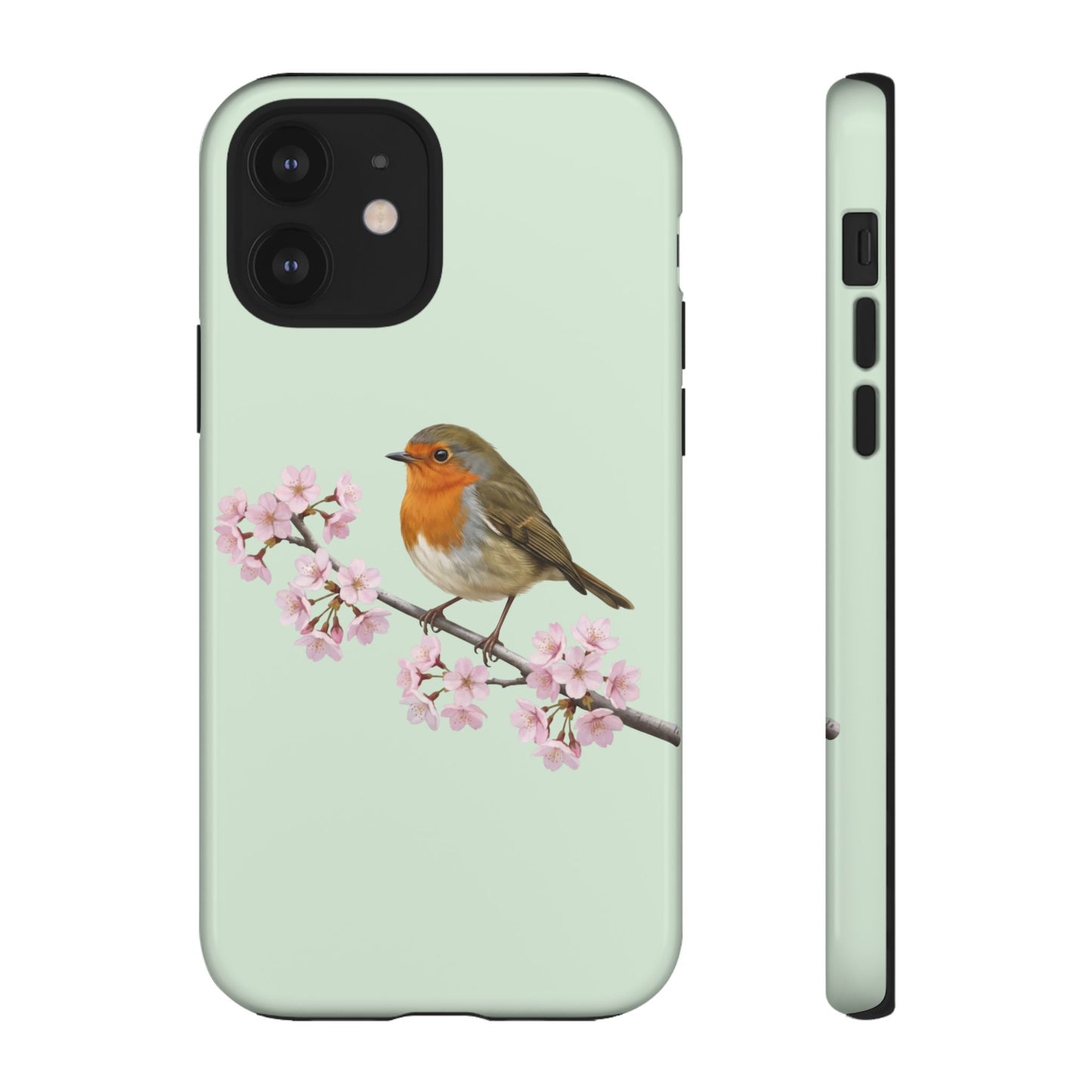Rotkehlchen Handyhülle in Salbeigrün | Florales Kirschblüten Vogel-Motiv für iPhone & Google Pixel