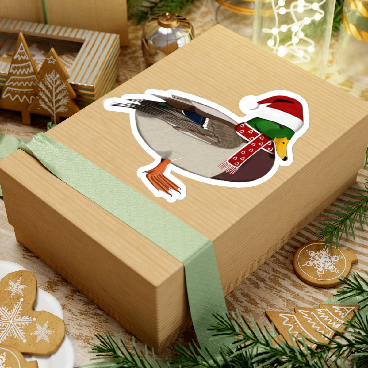 Mallard with Santa Claus Hat and Scarf Christmas Bird Sticker