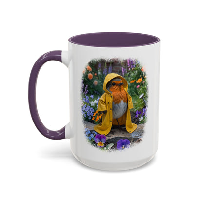 Robin Rosi Yellow Raincoat Garden Premium Mug for Bird Lovers