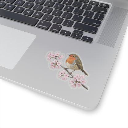 European Robin Cherry Blossom Sticker | Glossy Floral Bird Decal | Spring Laptop Sticker