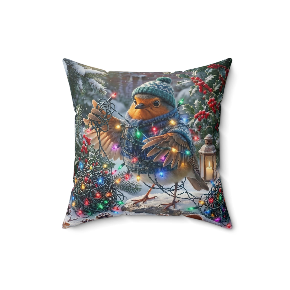 Beidseitig bedrucktes Dekokissen (40x40cm) für das Wohnzimmer. Die lustige Winter-Illustration zeigt Rosi Rotkehlchen mit Mütze, Schal und Pullover im Schnee, konzentriert verheddert in einer bunten Lichterkette. Humorvolle Winterdeko für Vogelfreunde.