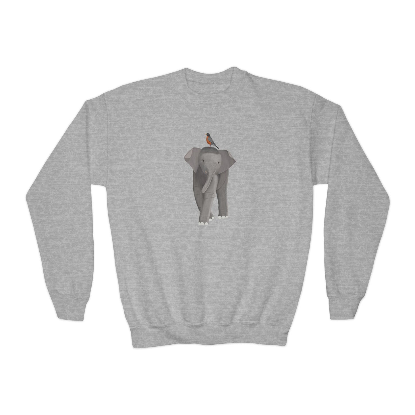 Elephant with American Robin Bird Youth Crewneck Sweatshirt