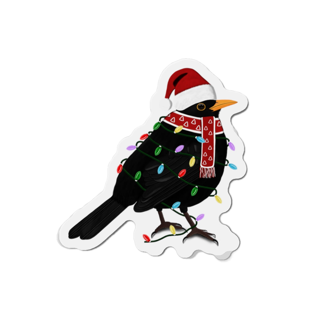 Blackbird with Fairy Lights and Scarf Christmas Bird Magnet