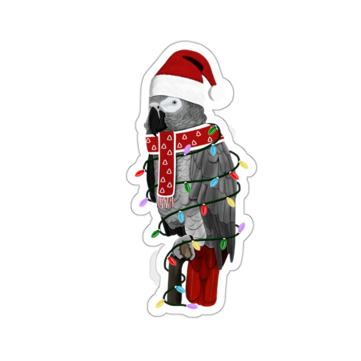 Grey Parrot with Fairy Lights Santa Claus Hat and Scarf Christmas Bird Sticker