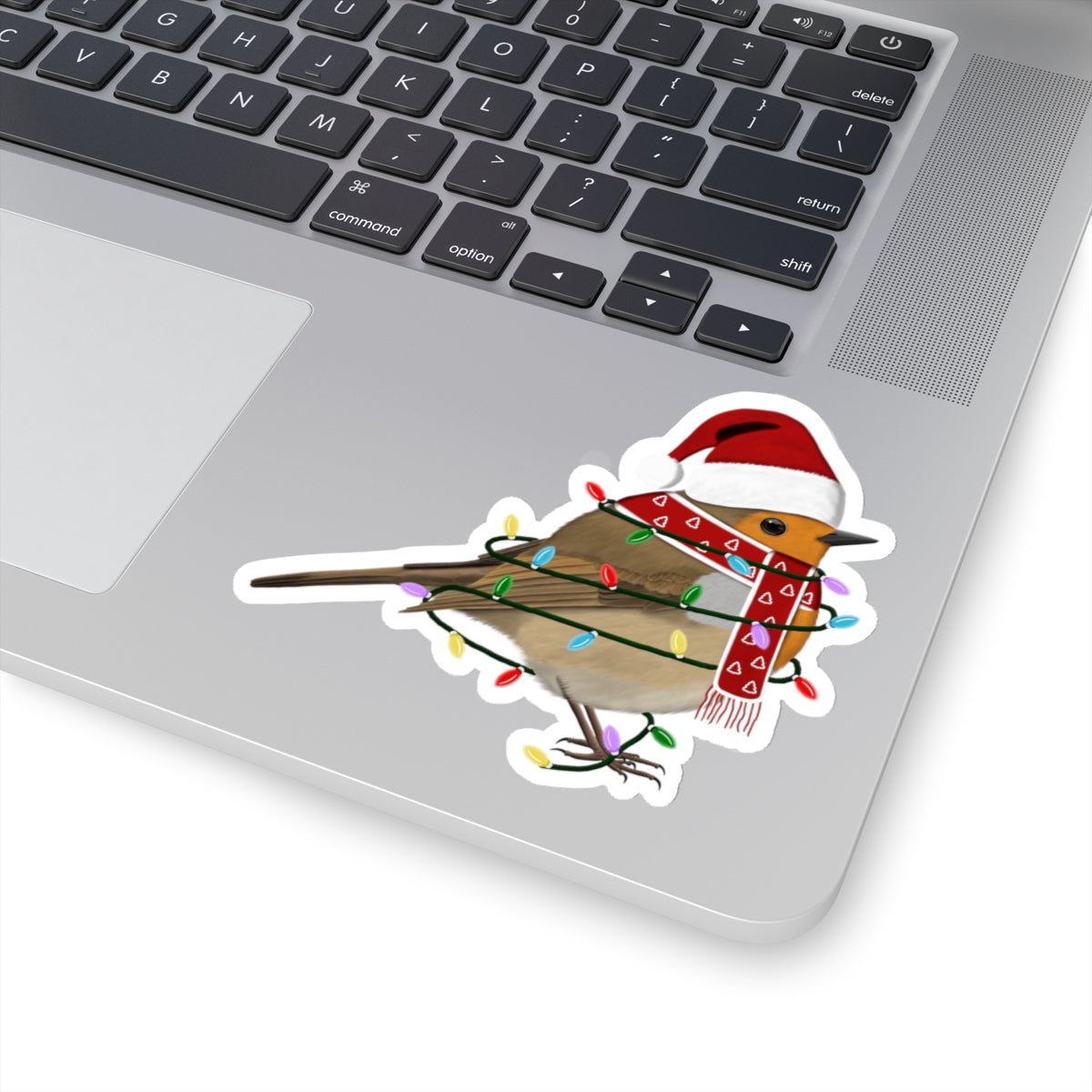 European Robin with Fairy Lights Santa Claus Hat and Scarf Christmas Bird Sticker