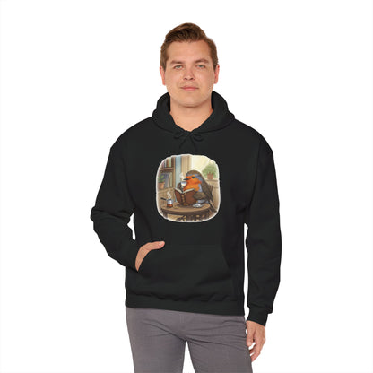 Rotkehlchen liest Bücher und trinkt Kaffee Vogel Hoodie - Kapuzenpullover für Vogelbeobachter mit Vogelmotiv