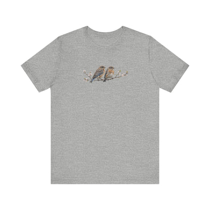 Eastern Bluebird Fledgling T-Shirt | Spring Blossoms Unisex Graphic Tee for Bird Watchers