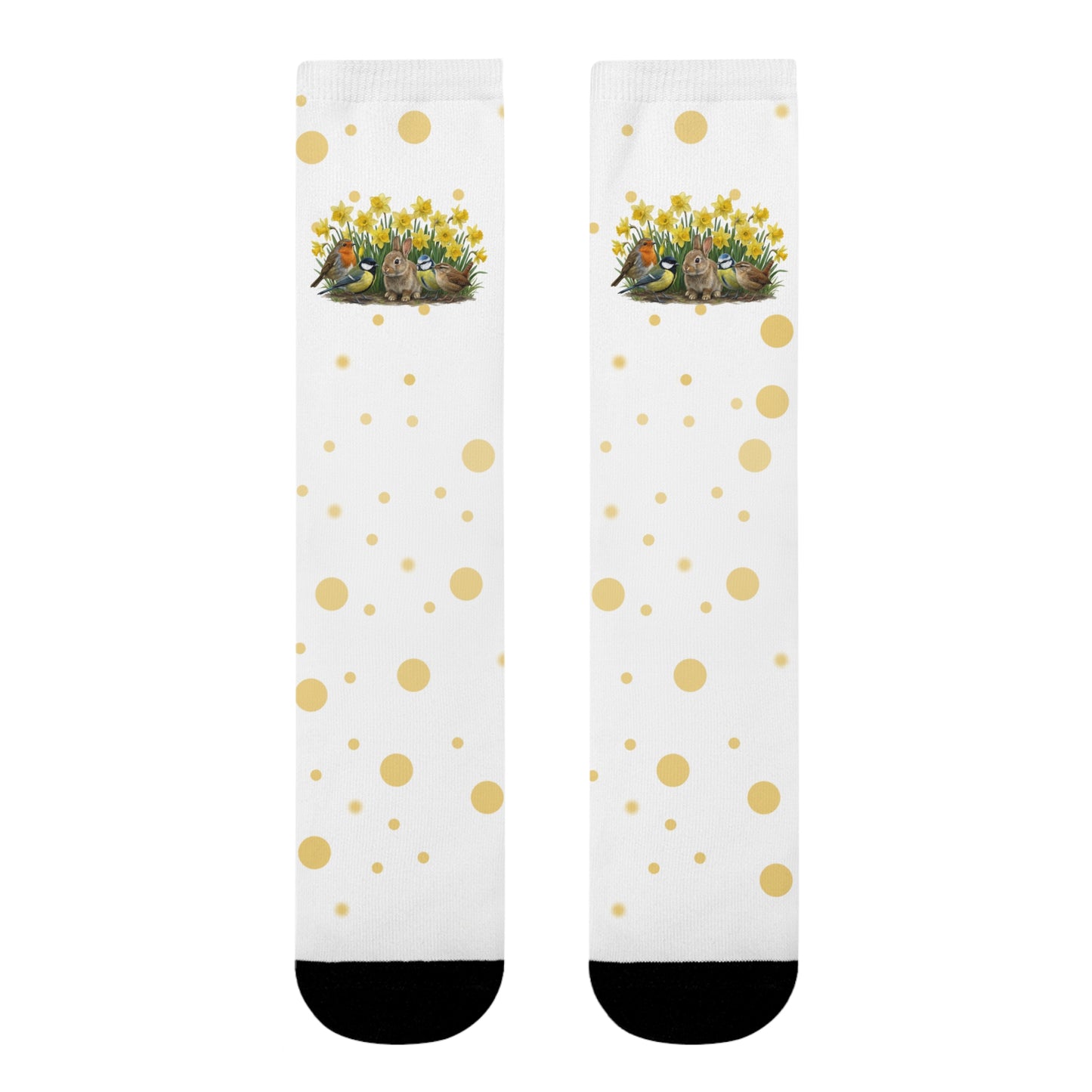 Vogel-Socken mit Osterglocken – Kaninchen, Rotkehlchen, Meisen & Zaunkönig