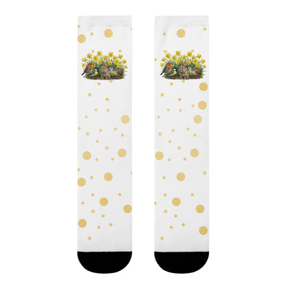 Vogel-Socken mit Osterglocken – Kaninchen, Rotkehlchen, Meisen & Zaunkönig