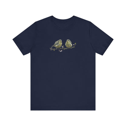 Blue Titmouse Fledgling T-Shirt | Spring Blossoms Unisex Graphic Tee for Bird Watchers
