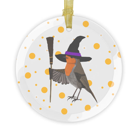 Robin with Witch Hat Halloween Bird Glass Ornament