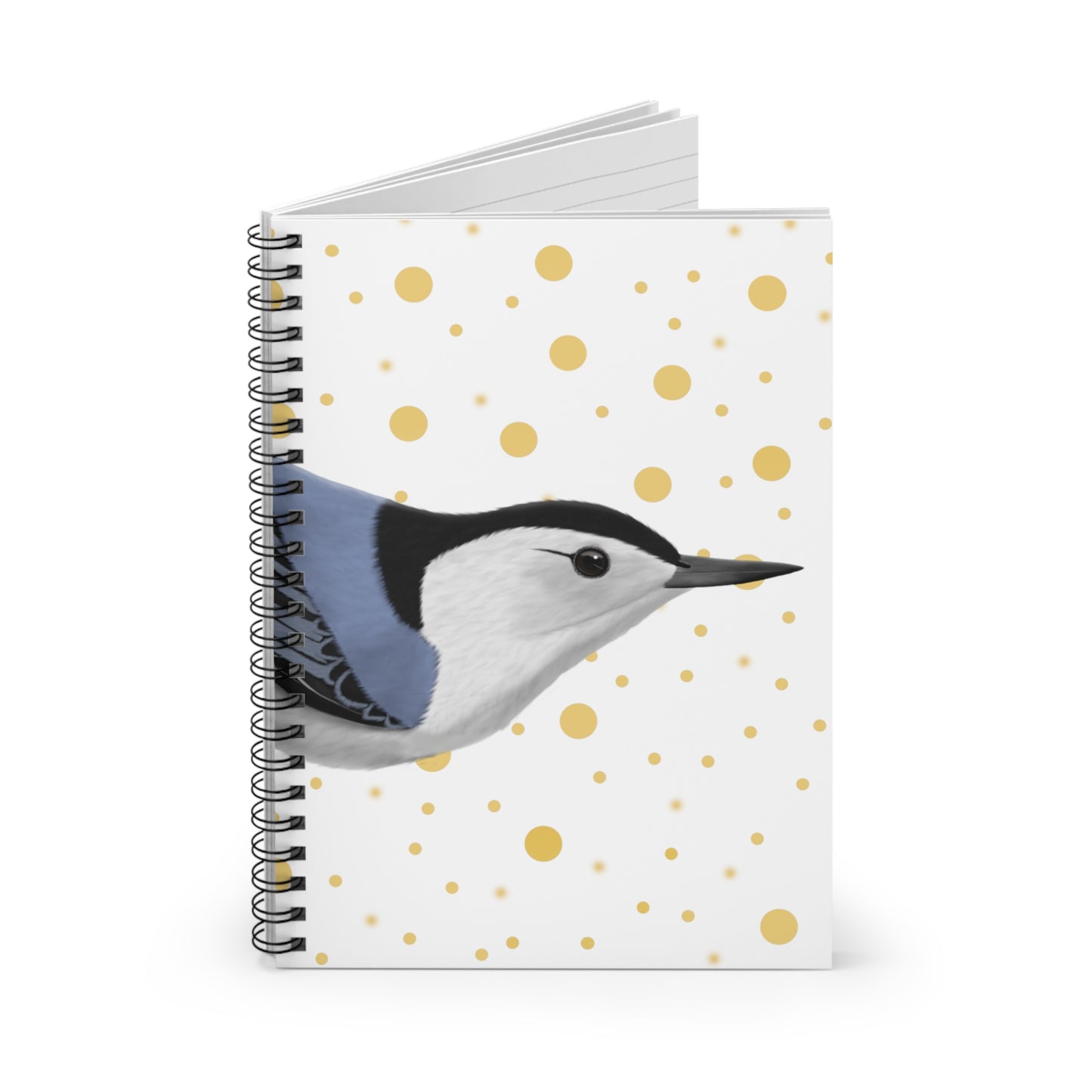 Nuthatch Bird Birdlover Spiral Notebook White Golden Dots Ruled Line 6"x8"