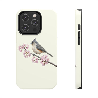 Tufted Titmouse & Cherry Blossom Tough iPhone Case Creamy White