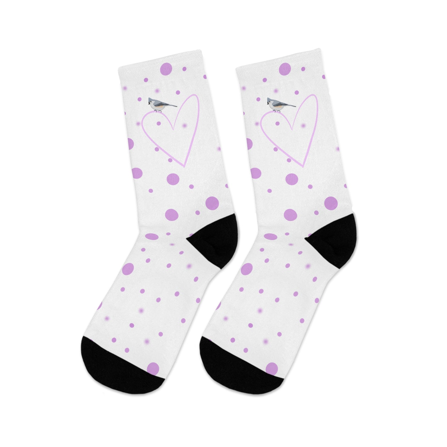 Tufted Titmouse Valentine's Day Pink Heart and Dots Bird Socks White