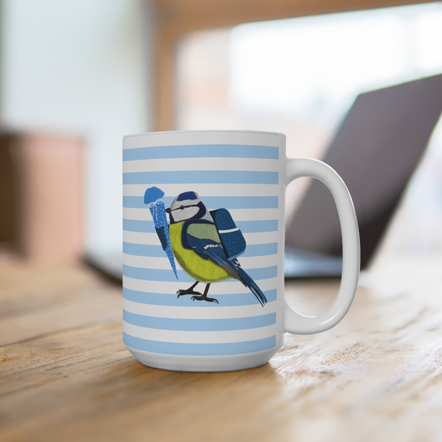 Blaumeise Vogel Tasse als Geschenk zur Einschulung Blau Weiß