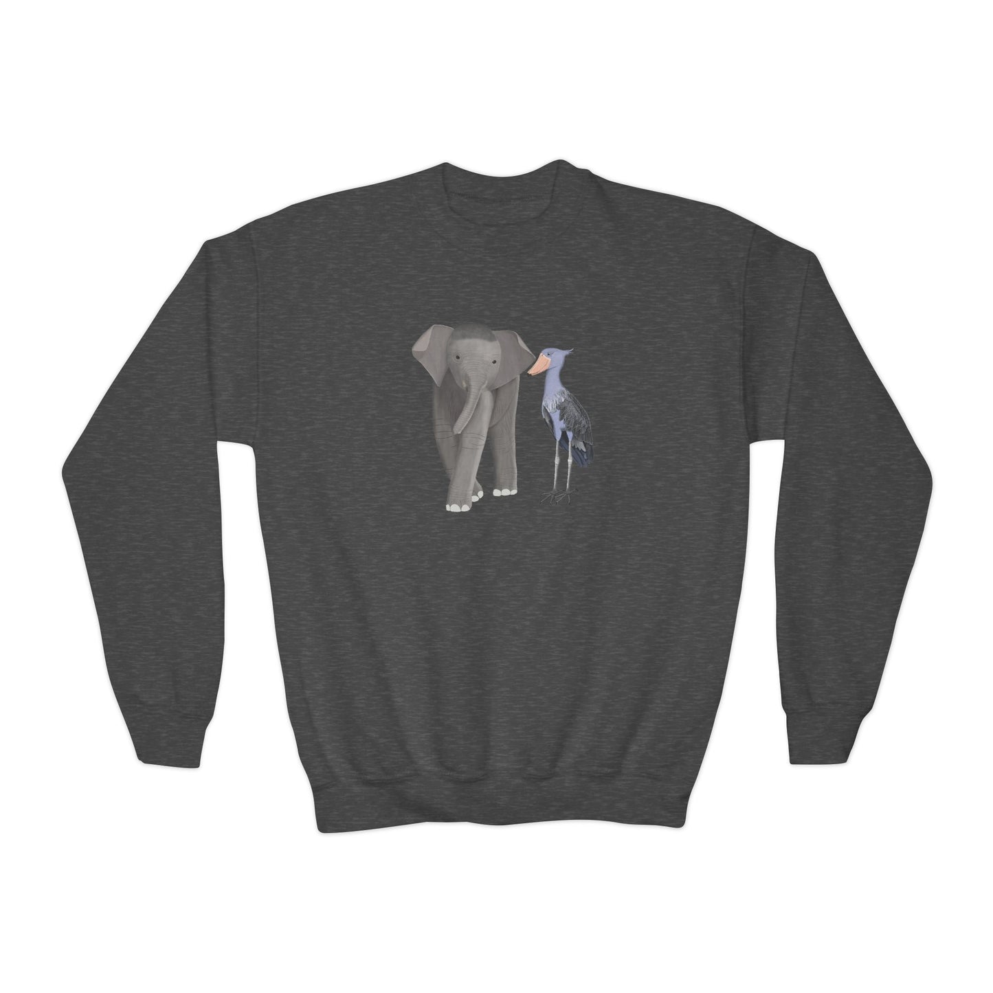 Elephant with Shoebill Bird Youth Crewneck Sweatshirt