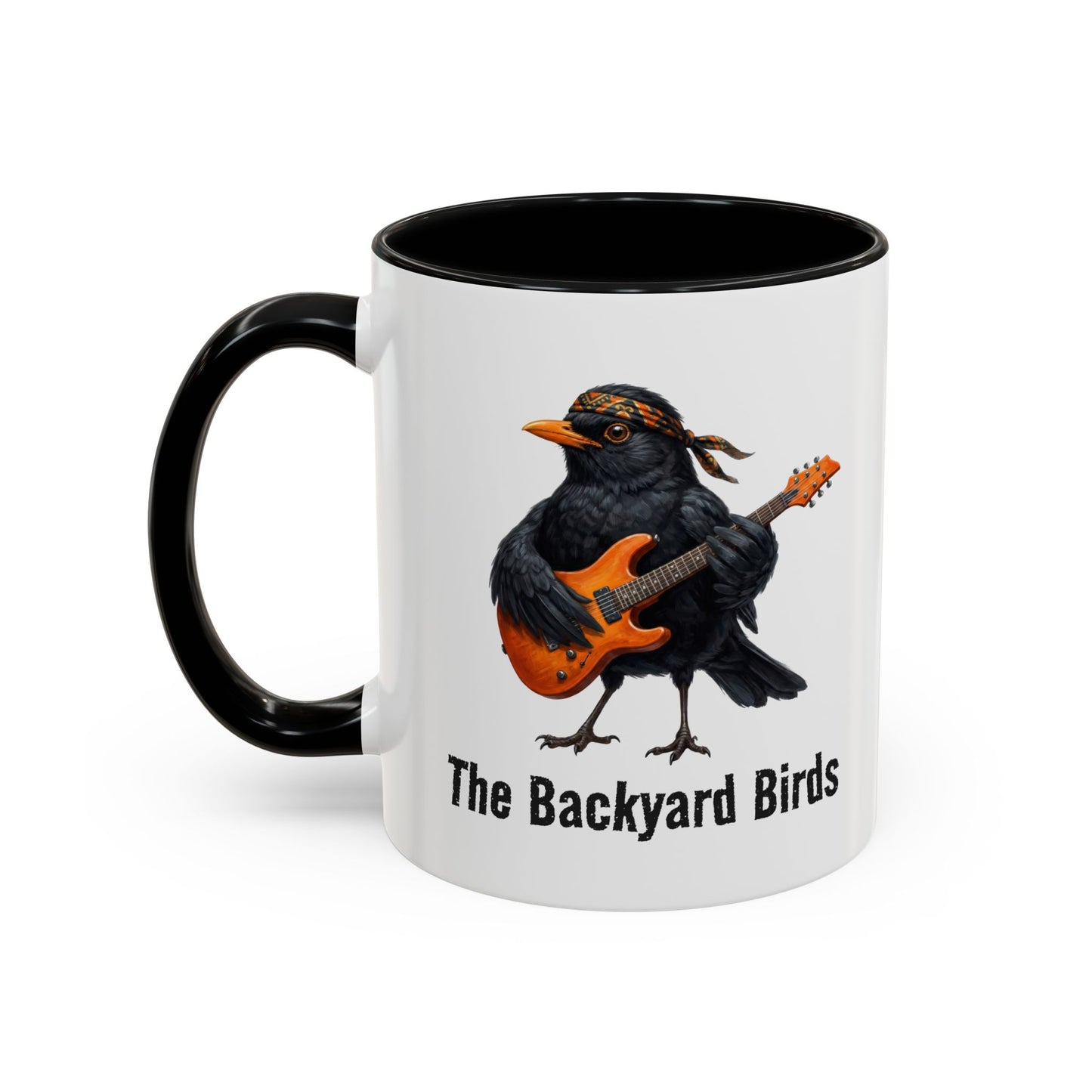 Blacky die Amsel (Lead Guitar) – The Backyard Birds Offizielle Band-Tasse | Zweifarbige Premium Keramik (Schwarz/Weiß)