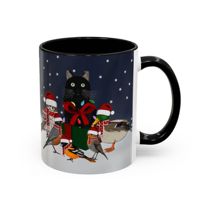 Robin Oriole Mallard Owl and Cat with Christmas Hat and Scarf Snow Bird Coffee Mug