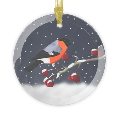 Bullfinch on a Winter Branch Christmas Bird Glass Ornament