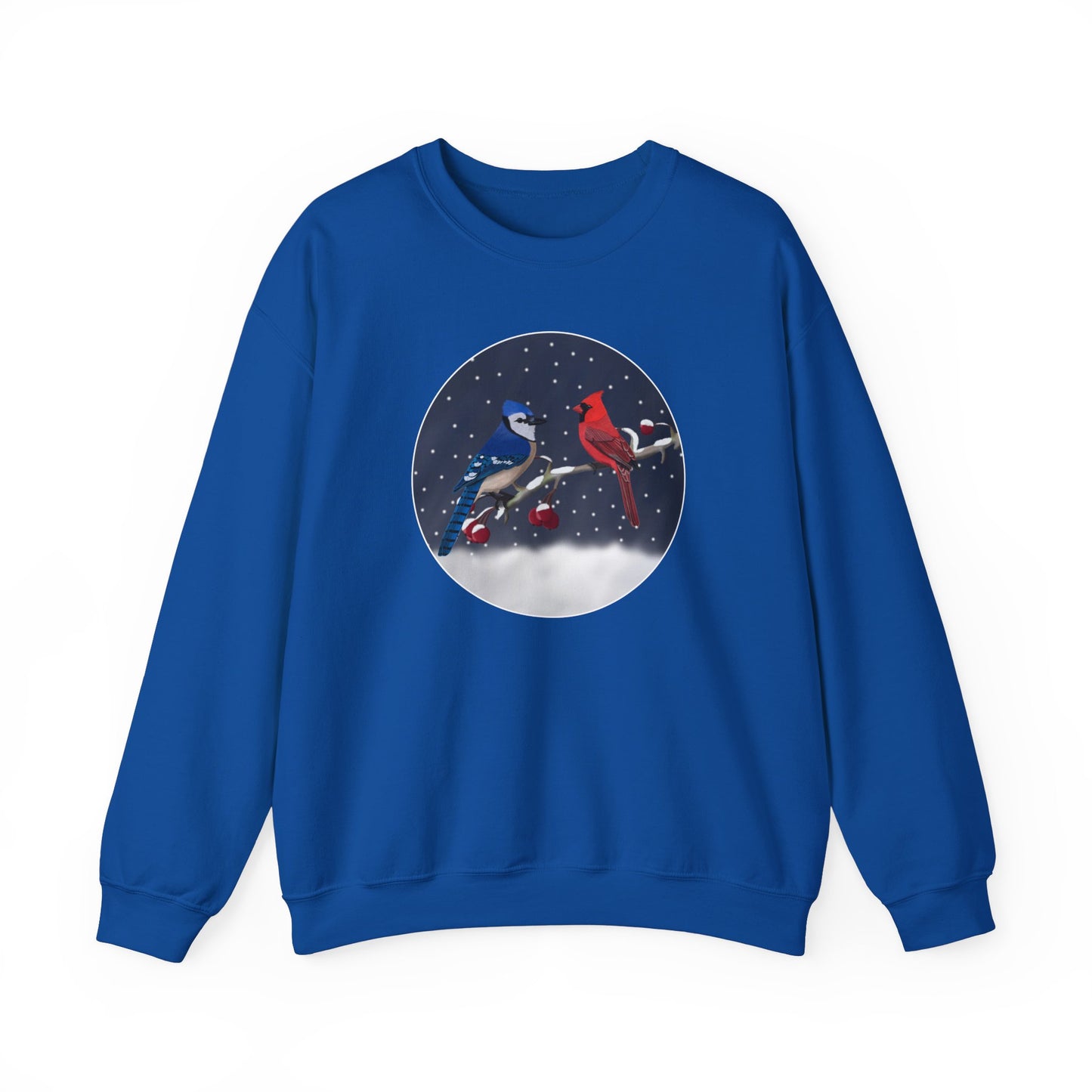 Blue Jay and Cardinal on a Winter Branch Christmas Bird Sweatshirt