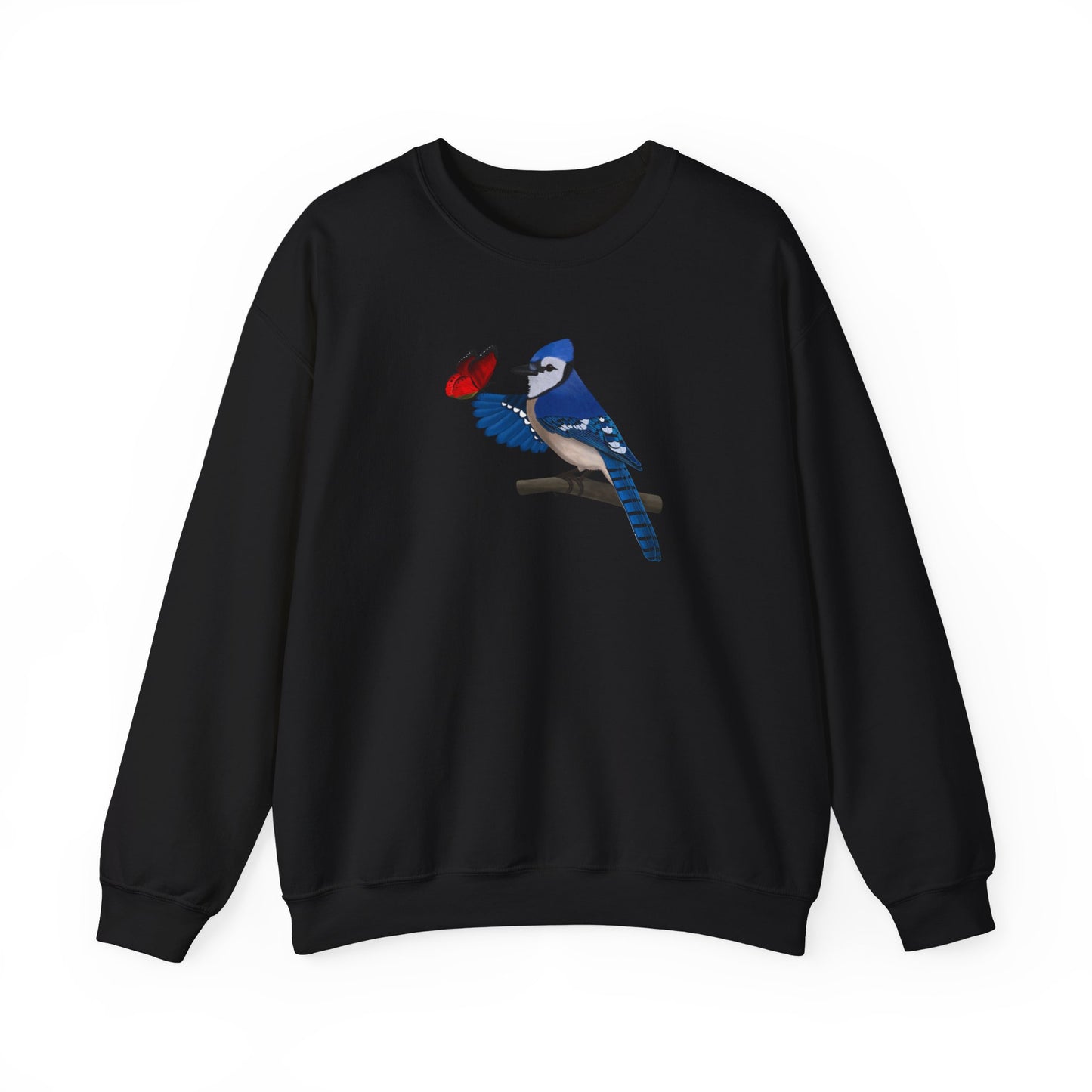 Blue Jay with Butterfly Bird Birding & Birdwatching Sweatshirt