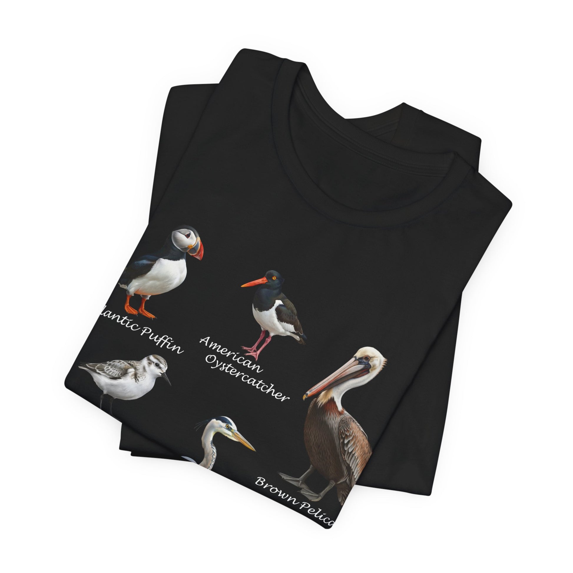 Black t-shirt with bird illustrations and names on a white background