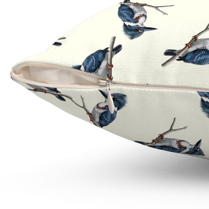 Belted Kingfisher All-Over Pattern Throw Pillow Creamy White | Decorative Bird Art Home Decor