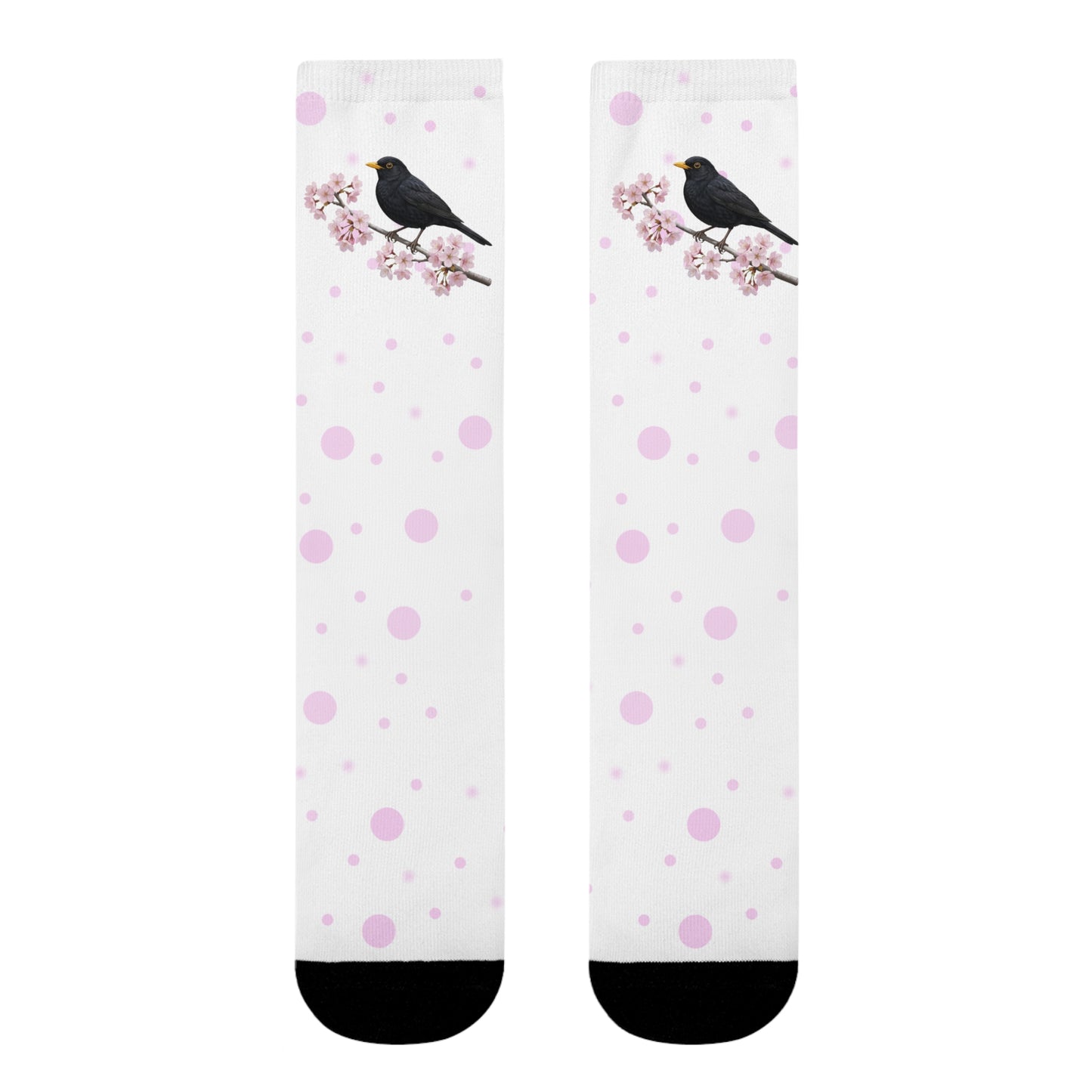 Amsel Socken mit Kirschblüten | Weiß Rosa gepunktete Vogelmotiv Strümpfe