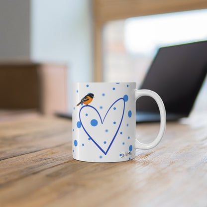 Baltimore Oriole Valentine's Day Bird Mug 11oz Blue Heart