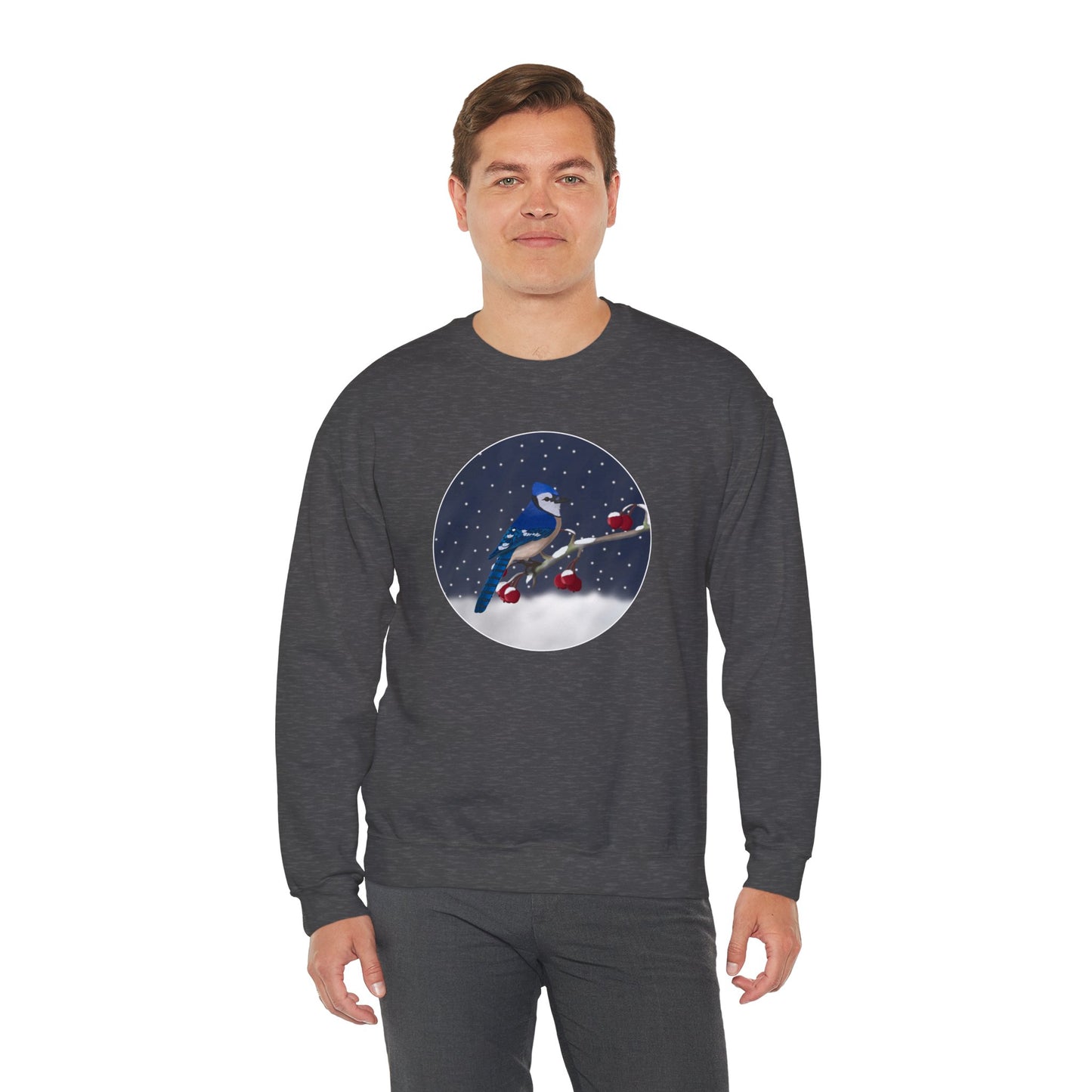 Blue Jay on a Winter Branch Christmas Bird Sweatshirt