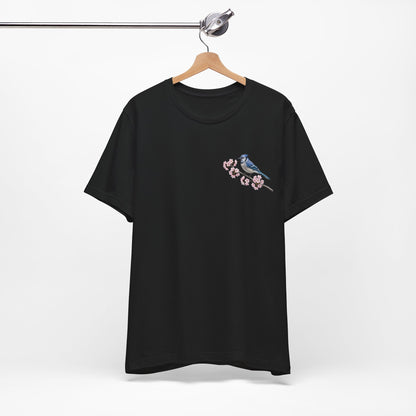 Blue Jay Cherry Blossom T-Shirt | Floral Spring Tee for Bird Lovers