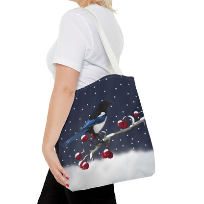 Magpie on a Winter Branch Christmas Bird Tote Bag 16"x16"