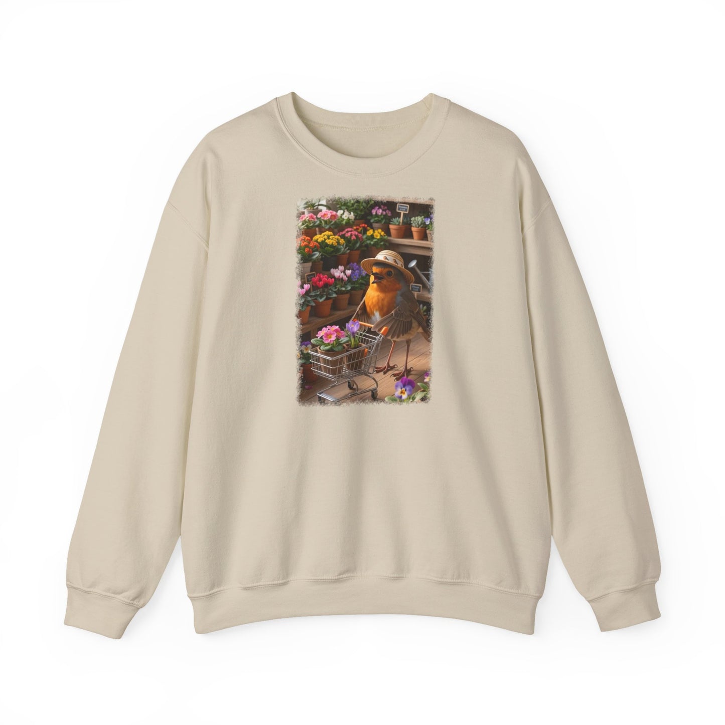 Lustiges Rotkehlchen Sweatshirt mit Blumen-Einkaufswagen | Süßer Vogel Pullover für Pflanzenliebhaber