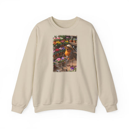 Lustiges Rotkehlchen Sweatshirt mit Blumen-Einkaufswagen | Süßer Vogel Pullover für Pflanzenliebhaber