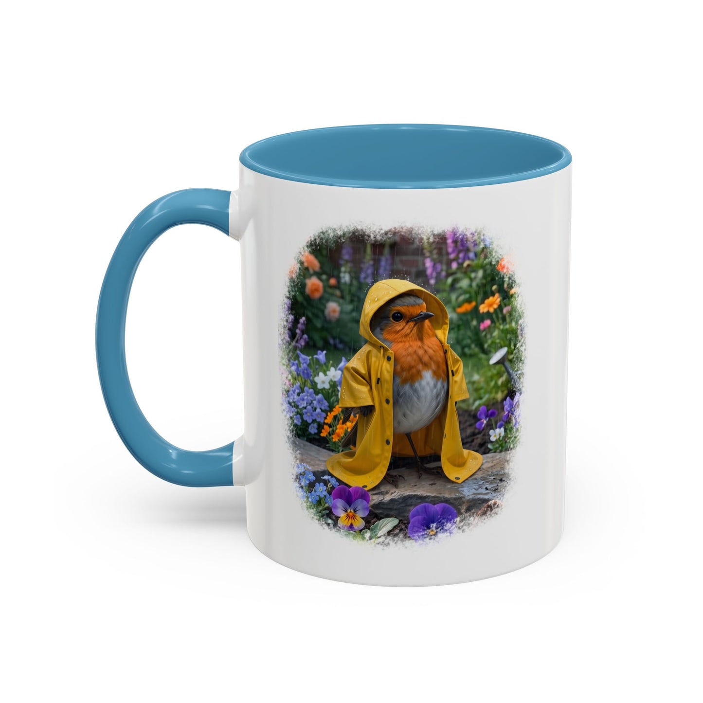 Robin Rosi Yellow Raincoat Garden Premium Mug for Bird Lovers