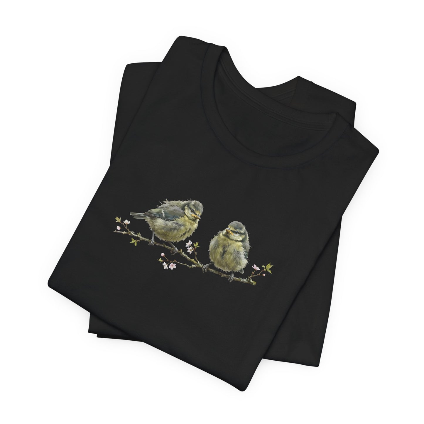 Blue Titmouse Fledgling T-Shirt | Spring Blossoms Unisex Graphic Tee for Bird Watchers