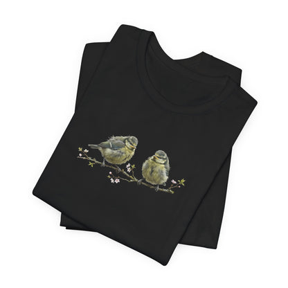 Blue Titmouse Fledgling T-Shirt | Spring Blossoms Unisex Graphic Tee for Bird Watchers