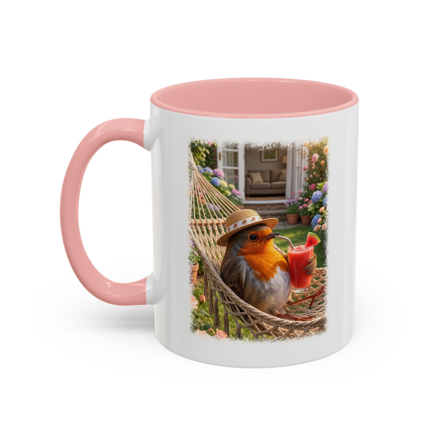 Tasse mit Rotkehlchen Motiv Rosi in der Hängematte für Vogelfreunde