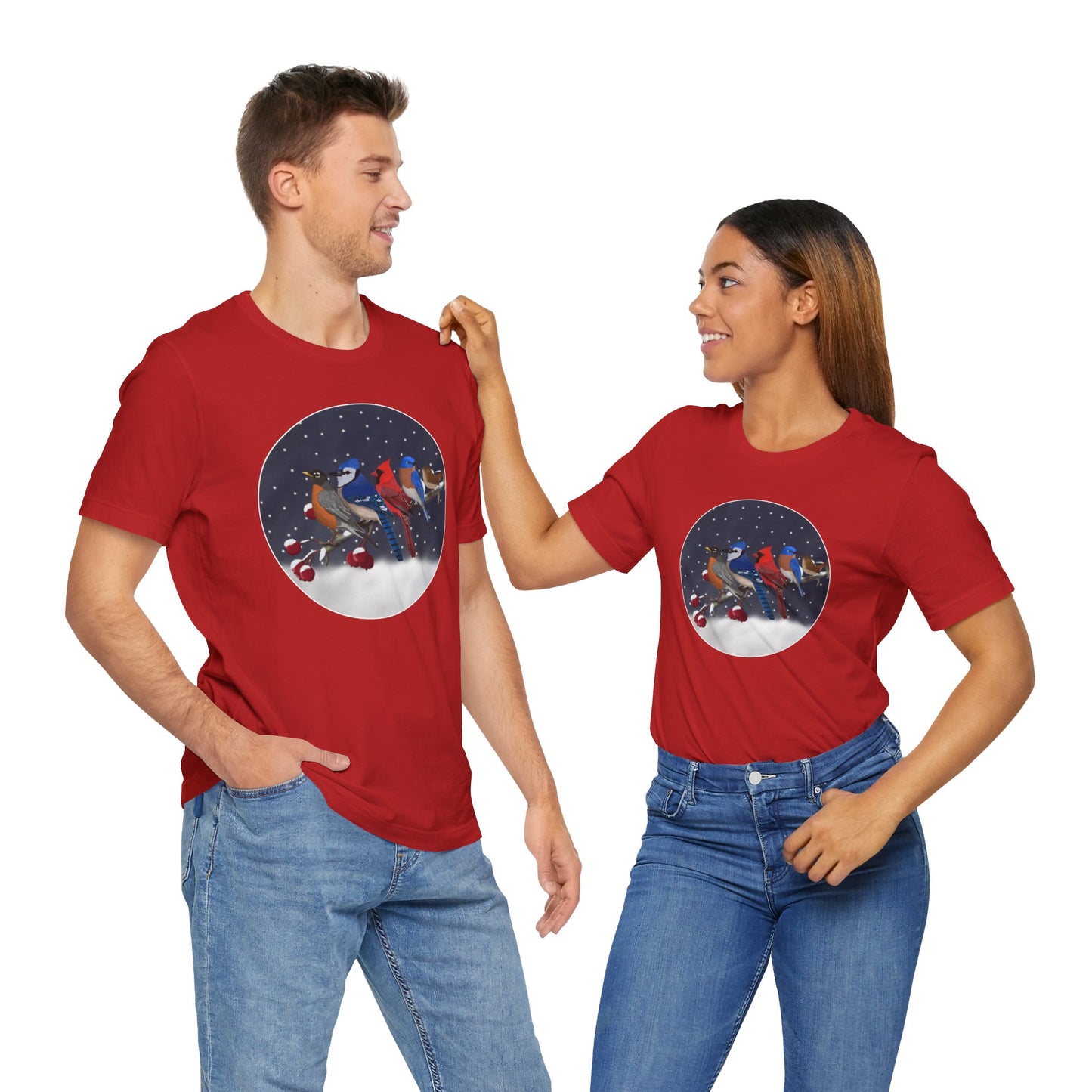 Blue Jay Robin Cardinal Bluebird Wren on a Winter Branch Birdwatcher Christmas Bird T-Shirt