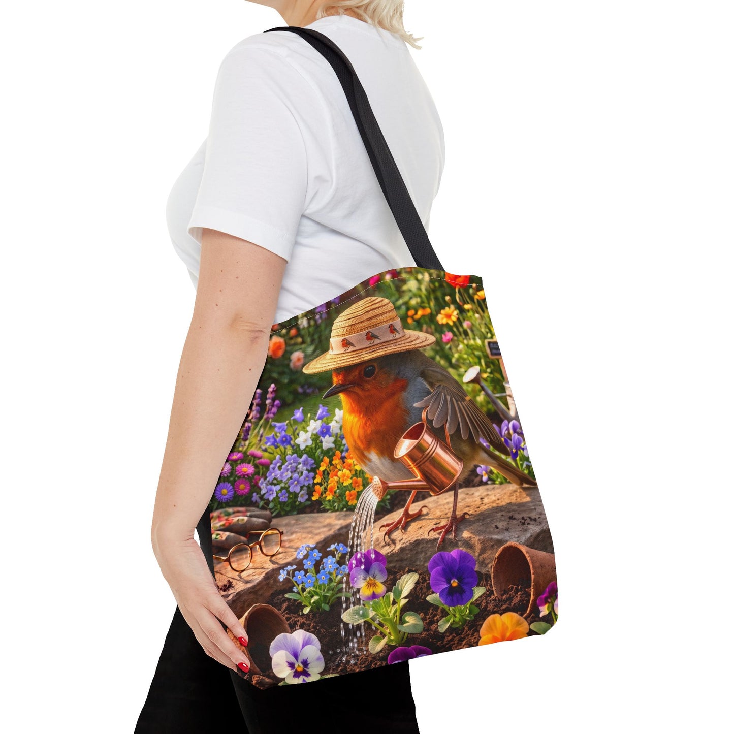 Niedliche Rotkehlchen Stofftasche beim Blumen gießen | Gemütlicher Garten-Shopper