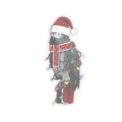 Grey Parrot with Fairy Lights Santa Claus Hat and Scarf Christmas Bird Sticker