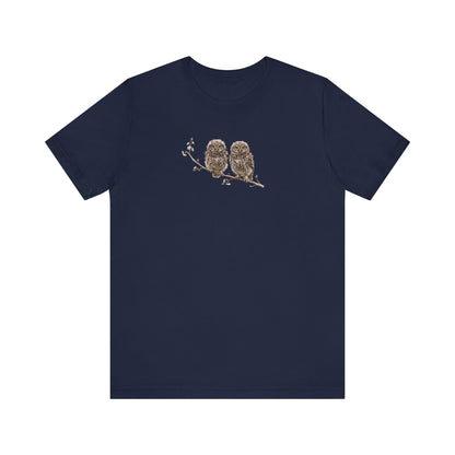 Little Owl Fledgling T-Shirt | Spring Blossoms Unisex Graphic Tee for Bird Watchers