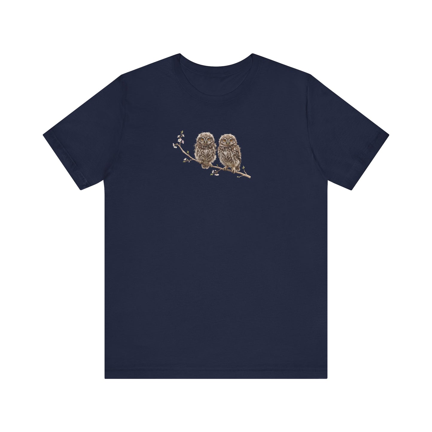 Little Owl Fledgling T-Shirt | Spring Blossoms Unisex Graphic Tee for Bird Watchers