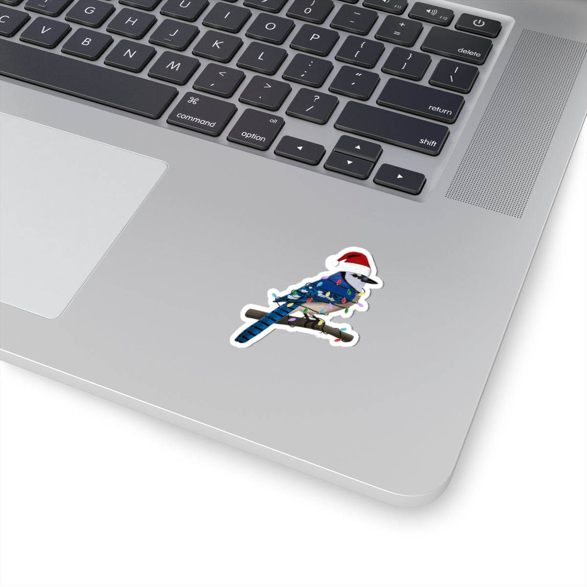 Blue Jay with Fairy Lights and Santa Claus Hat Christmas Bird Sticker