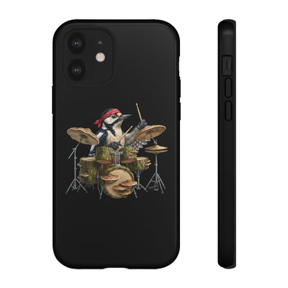 Specht am Schlagzeug Premium Handyhülle – Doppelt Geschützt & Rundum Bedruckt Schwarz
