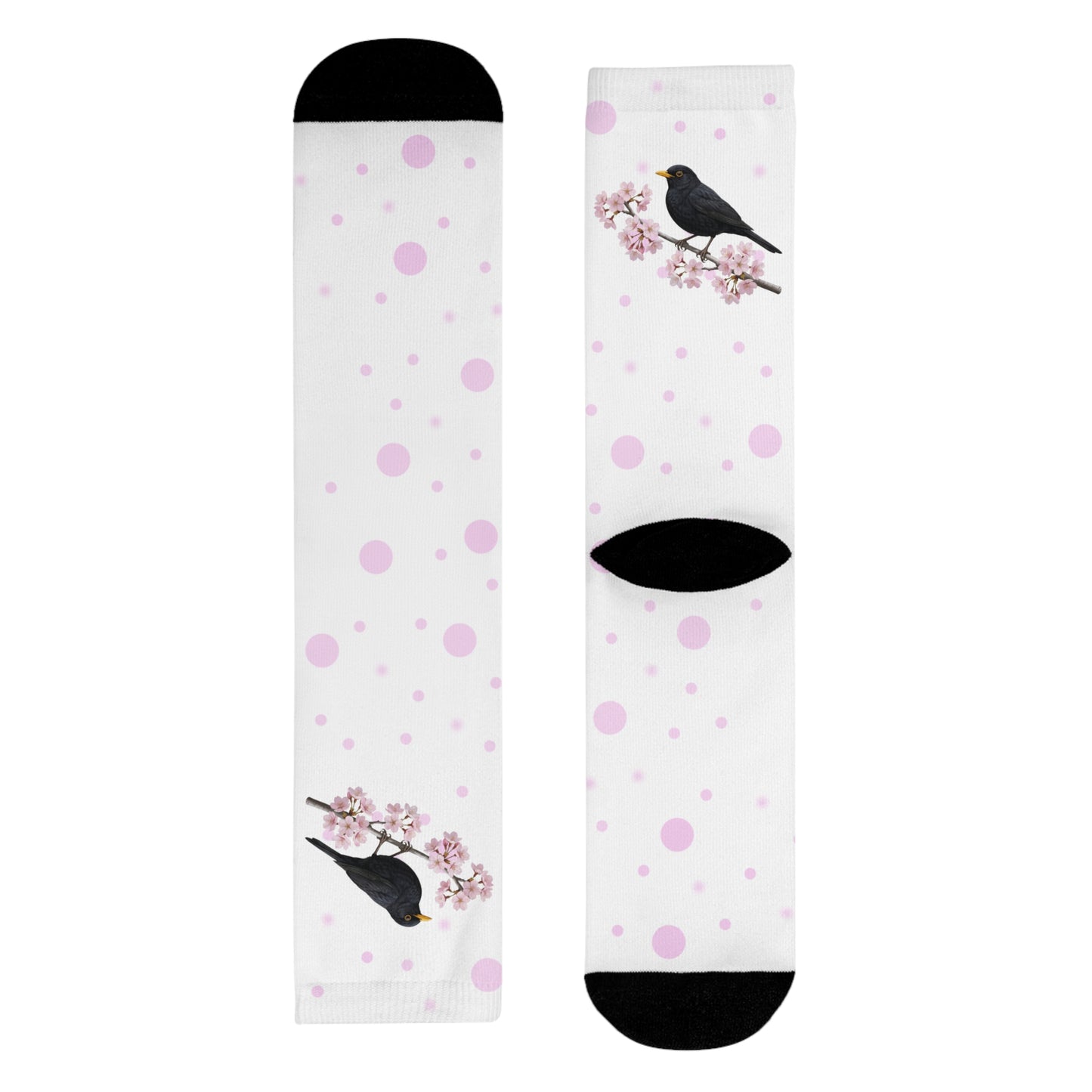 Amsel Socken mit Kirschblüten | Weiß Rosa gepunktete Vogelmotiv Strümpfe