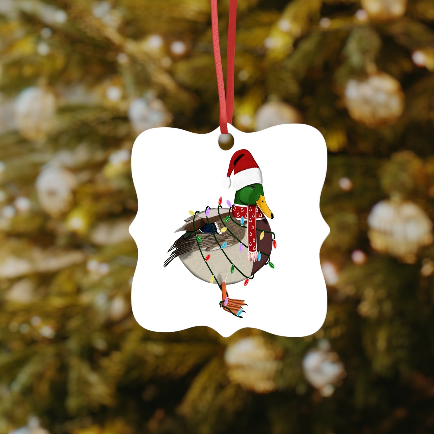 Ente Ornament aus Aluminium – Einzigartiger Christbaumschmuck mit Rotem Band