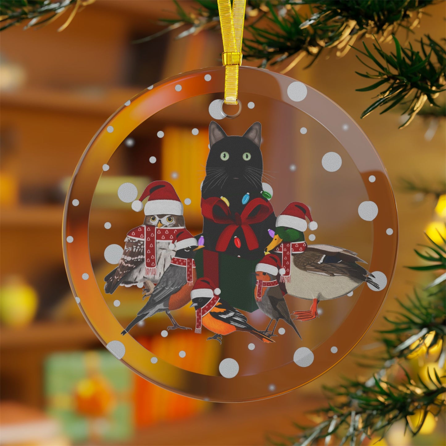 Robin Oriole Mallard Owl and Cat as Santa Claus with Fairy Lights Christmas Glass Ornament