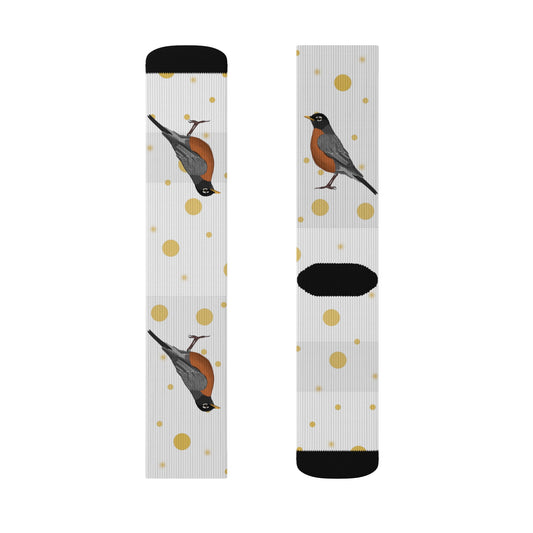 Robin Bird Art Socks White and Golden Dots