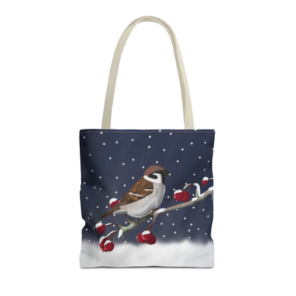 Tree Sparrow on a Winter Branch Christmas Bird Tote Bag 16"x16"